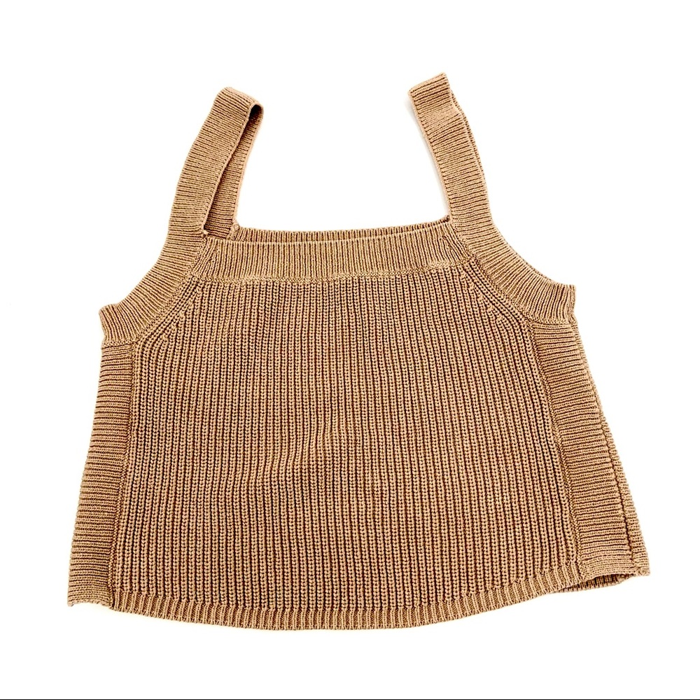 Reformation Top Brown Ribbed Cropped Knit Tan Square Neck Sleeveless Stretchy